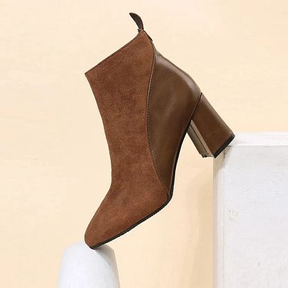 Pointed-Toe Patchwork Chunky-Heel Ankle Boots with Zip