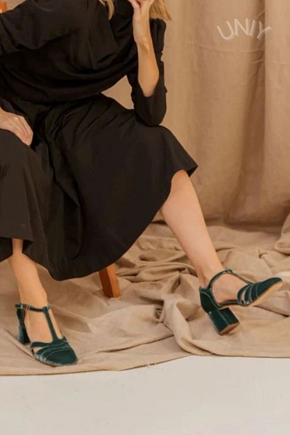 Velvet Cut-Out Block Heels with Buckle and T-Bar Strap