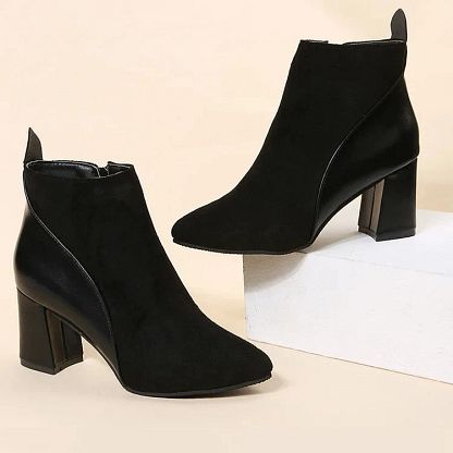 Pointed-Toe Patchwork Chunky-Heel Ankle Boots with Zip
