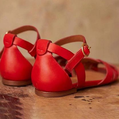 Solid-Colour Peep-Toe Cut-Out Sandals with Ankle Strap and Buckle