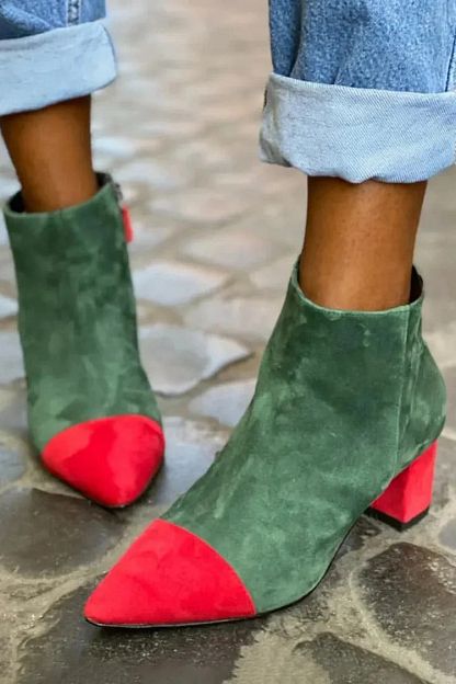 Green Colour-Block Pointed-Toe Block-Heel Boots with Zip