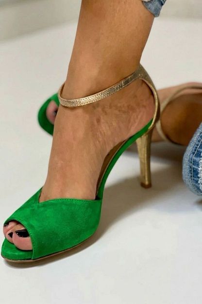 Glitter Open-Toe Stilettos with Ankle Strap and Buckle