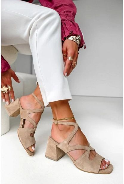 Beige Suede Square-Toe Block Heels with Ankle Strap