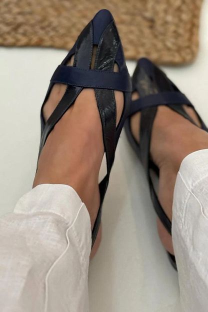 Navy Patchwork Cut-Out Pointed-Toe Slingback Flats