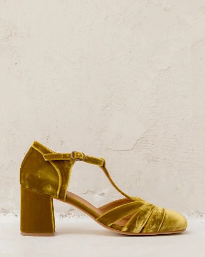 Velvet Cut-Out Block Heels with Buckle and T-Bar Strap