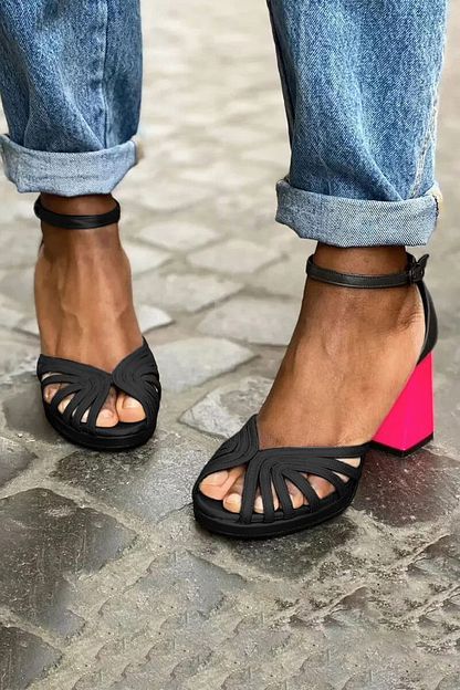 Elegant Sparkling Colour-Block Peep-Toe Block Heels with Ankle Strap and Buckle