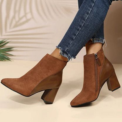 Patchwork Ankle Boots with Chunky Heel, Pointed Toe and Zip