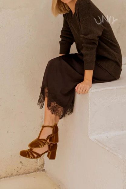 Velvet Cut-Out Block Heels with Buckle and T-Bar Strap