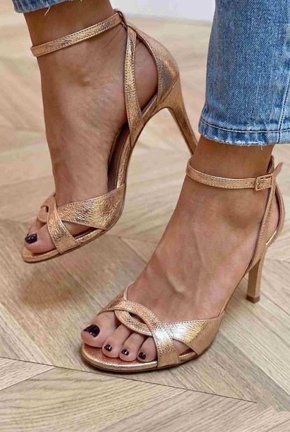 Metallic Rose Gold Strappy Open-Toe Stiletto Court Shoes