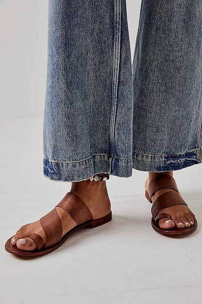 Simple Brown Asymmetric Cut-Out Sandals with Toe Loop