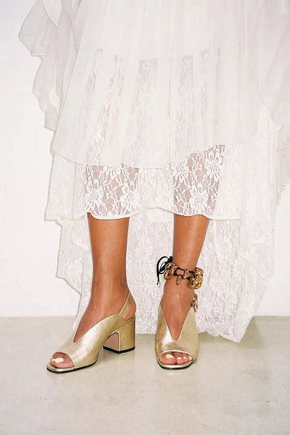 Shiny Metallic Gold Peep-Toe Slingback Block Heels