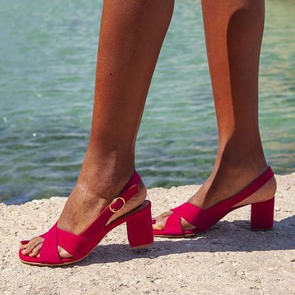 Suede Slingback Sandals with Crossover Straps and Block Heel