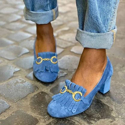 Matt Round-Toe Block Heels with Buckle and Fringe