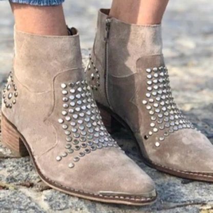 Suede Pointed-Toe Chunky-Heel Boots with Studs