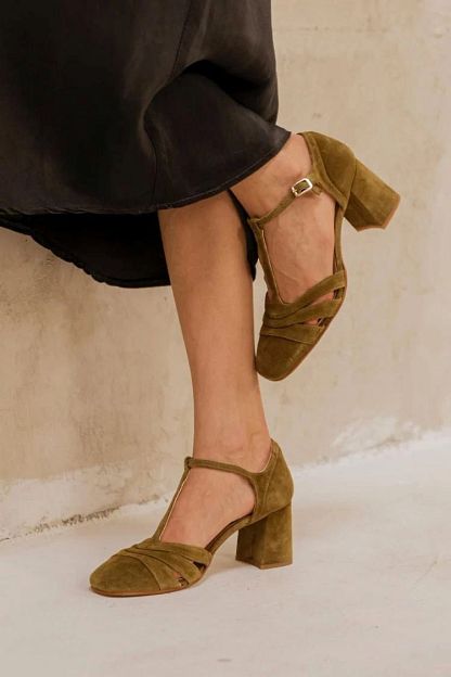 Velvet Cut-Out Block Heels with Buckle and T-Bar Strap