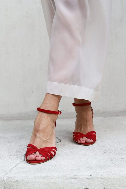 Red Suede Open-Toe Sandals with Crossover Straps