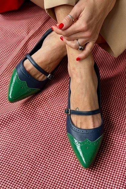 White Colour-Block Pointed-Toe Low Heels with Buckled Instep Strap
