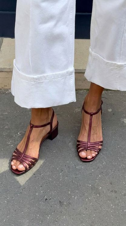 Metallic Block-Heel Sandals with Buckle and T-Bar Strap