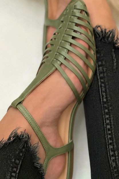 Simple Casual Black Pointed-Toe Cut-Out Sandals with T-Bar Strap