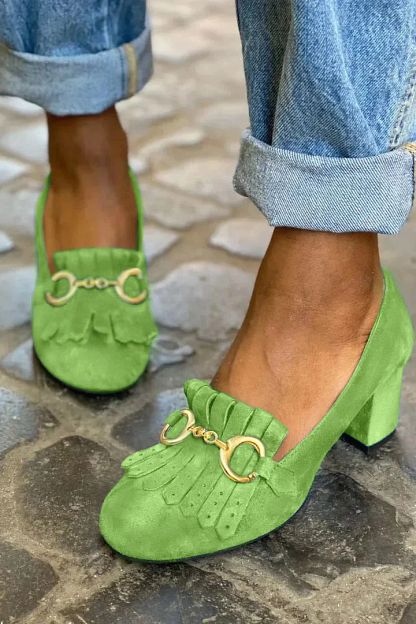 Matt Round-Toe Block Heels with Buckle and Fringe
