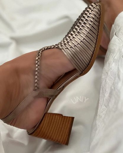 Metallic Champagne Woven Pointed-Toe Block Heels with Straps