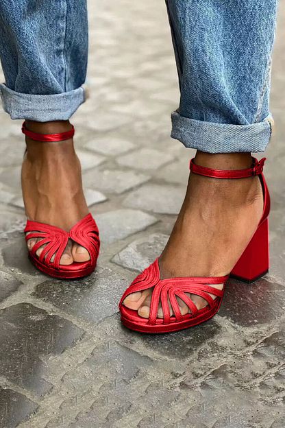 Elegant Sparkling Colour-Block Peep-Toe Block Heels with Ankle Strap and Buckle
