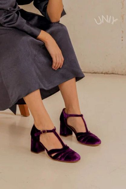 Velvet Cut-Out Block Heels with Buckle and T-Bar Strap