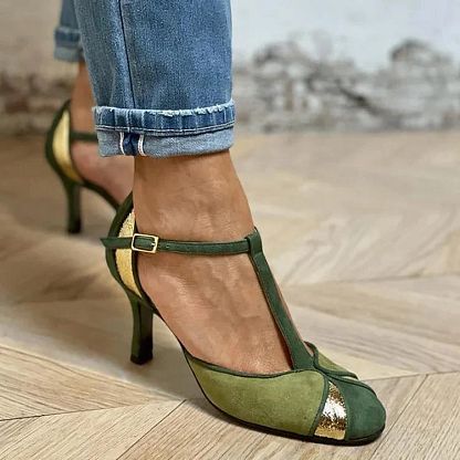 Closed-Toe Patchwork Stilettos with Buckle and T-Bar Strap