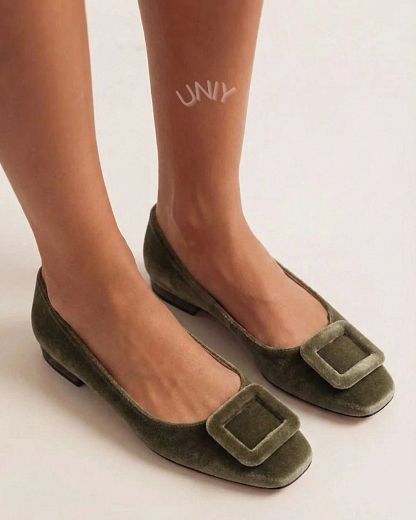 Velvet Square-Toe Flats with Buckle