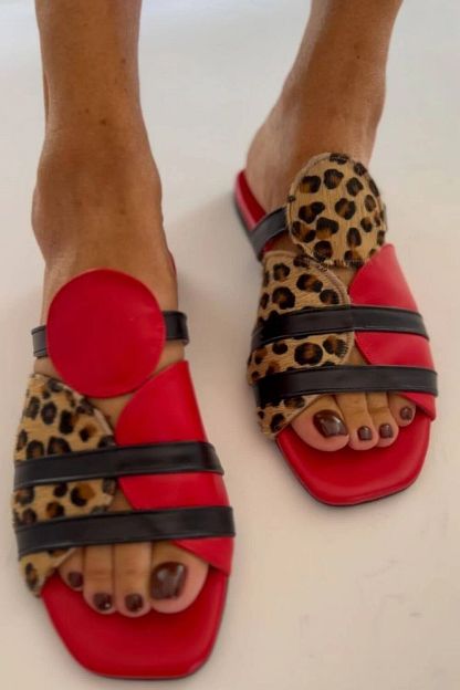 Red Leopard-Print Colour-Block Square-Toe Slides