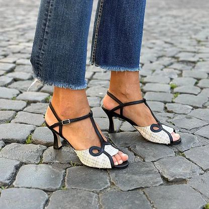 Contrasting Open-Toe Stilettos with T-Bar Strap