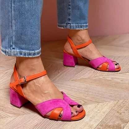 Colour-Block Patchwork Peep-Toe Block Heels with Ankle Strap
