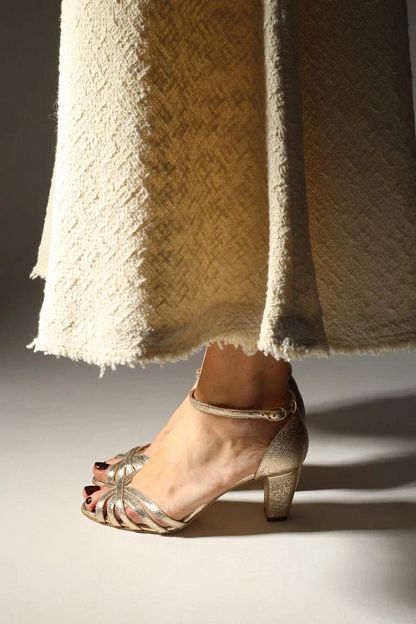 Shiny Metallic Gold Peep-Toe Block Heels with Ankle Strap and Buckle