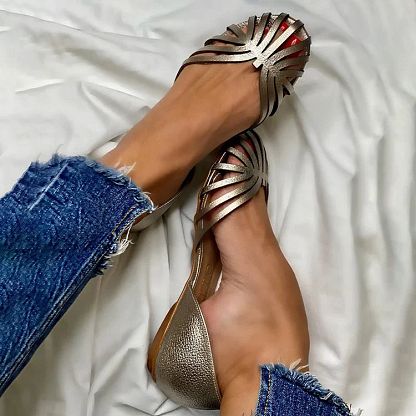 Shiny Faux Leather Round-Toe Cut-Out Flats