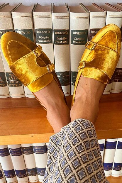 Yellow Suede Slip-On Loafers with Strap and Decorative Buckles