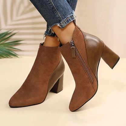 Patchwork Ankle Boots with Chunky Heel, Pointed Toe and Zip