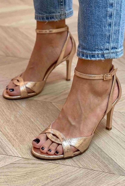 Metallic Rose Gold Strappy Open-Toe Stiletto Court Shoes