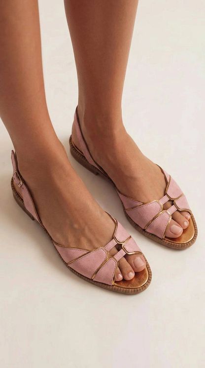 Blue Open-Toe Slingback Flats with Metallic Gold Trim