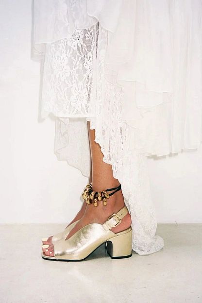 Shiny Metallic Gold Peep-Toe Slingback Block Heels