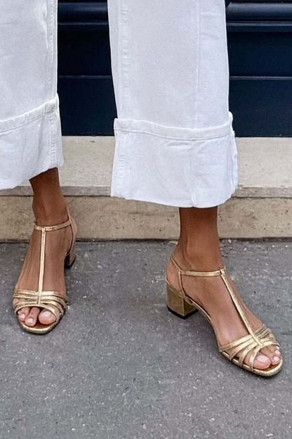 Metallic Block-Heel Sandals with Buckle and T-Bar Strap