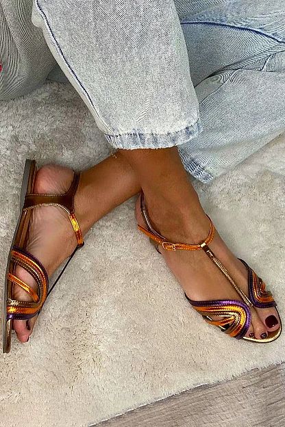 Multicolour and Gold Peep-Toe Sandals with Buckle and T-Bar Strap
