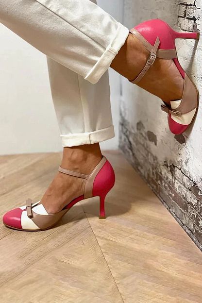 Fuchsia Colour-Block Patchwork Round-Toe Stilettos with Bow