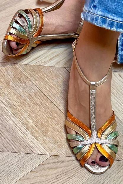 Multicolour and Gold Cut-Out Stilettos with Buckle and T-Bar Strap