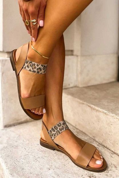 Leopard-Print Faux Leather Flat Sandals with Elastic Strap