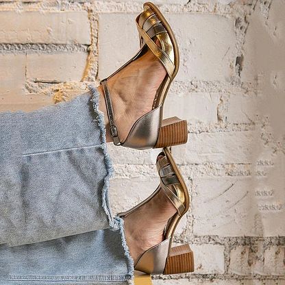Comfortable Metallic Gold Open-Toe Block Heels with Buckle, T-Bar Strap and Crossover Straps