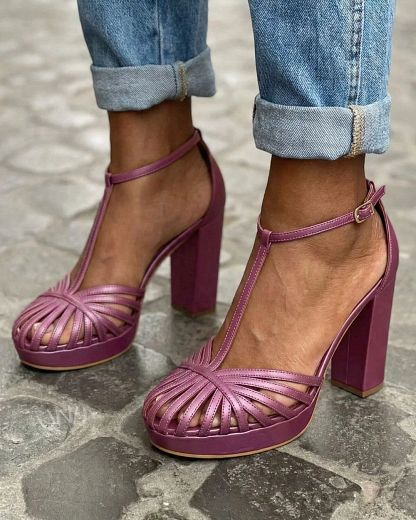 Purple Round-Toe Platform Sandals with T-Bar Strap and Wide Block Heel