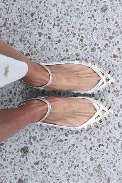 Silver Cut-Out Round-Toe Sandals with Ankle Strap