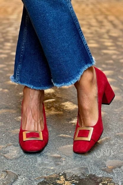 Navy Patchwork Square-Toe Block Heels
