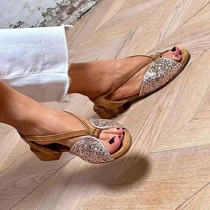 Brown Glitter Patchwork Flat Sandals