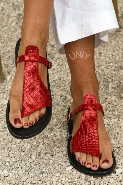 Crocodile-Effect Thong Sandals with Buckled Instep Strap